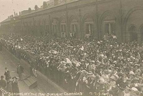 Recruits for the Wirral Pals - 13th Battalion Cheshire Regiment, leaving Port Sunlight on 7th September 1914 for Chester